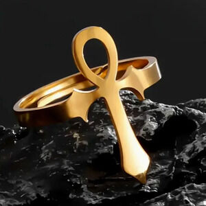 Unisex 18k Gold Plated Ankh - Adjustable Ring - over stainless steel